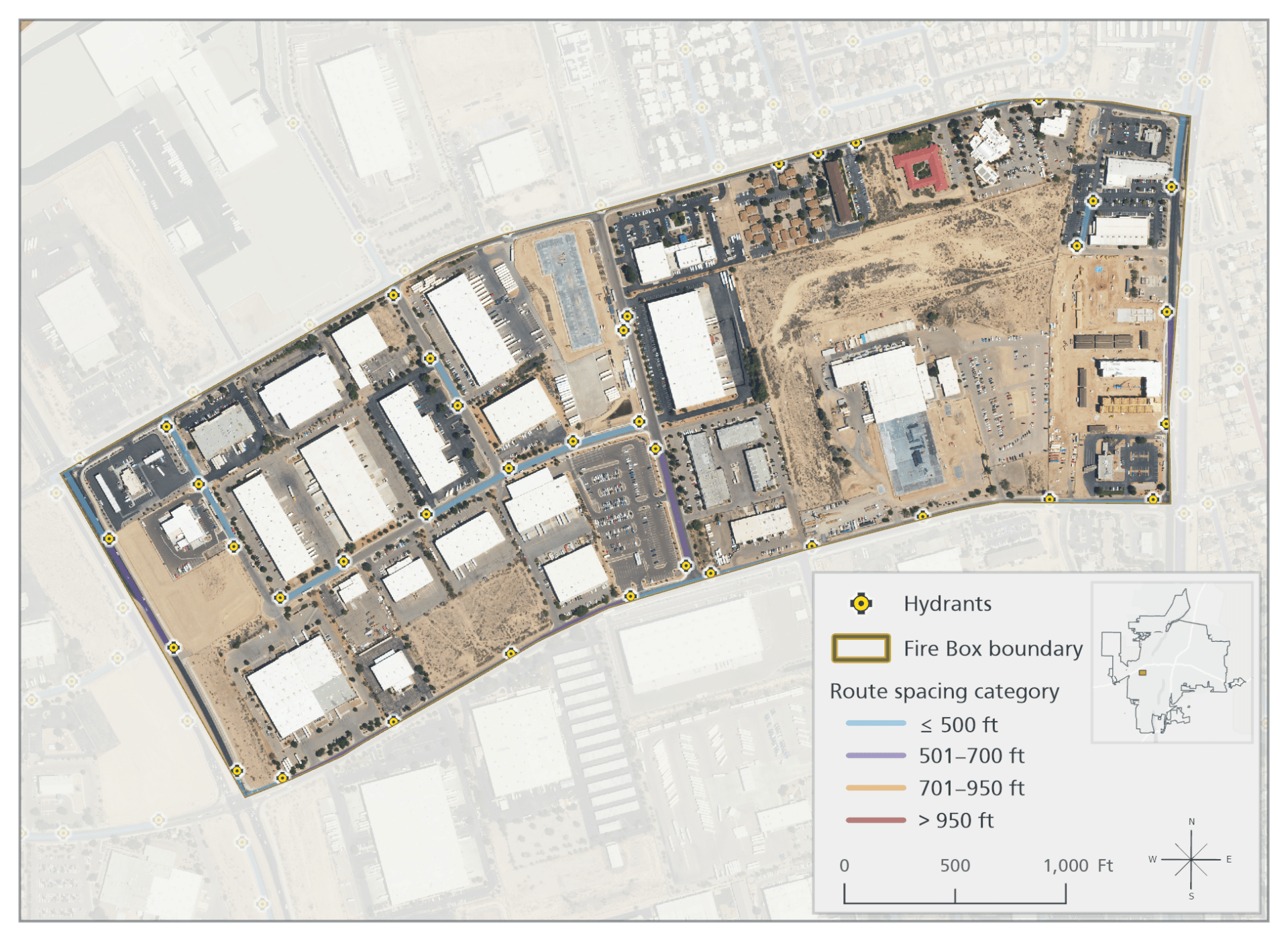 Aerial imagery provides on-the-ground context for Fire Box 075805, showing the local street pattern and hydrant locations used to evaluate whether the network-derived routes were plausible.
