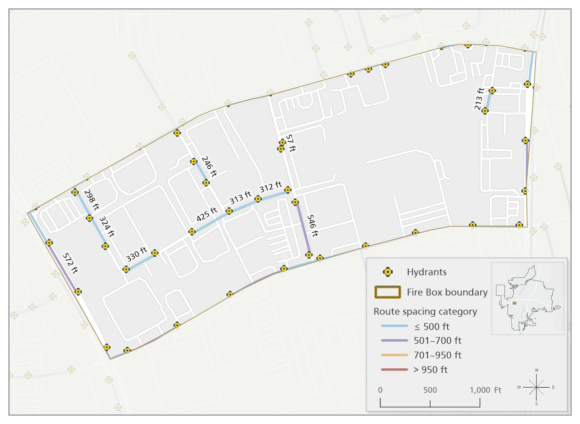 The same Fire Box on a simplified basemap. Retained routes generally connect visibly adjacent hydrants along direct, plausible roadway paths, providing a higher-confidence example of solver behavior.