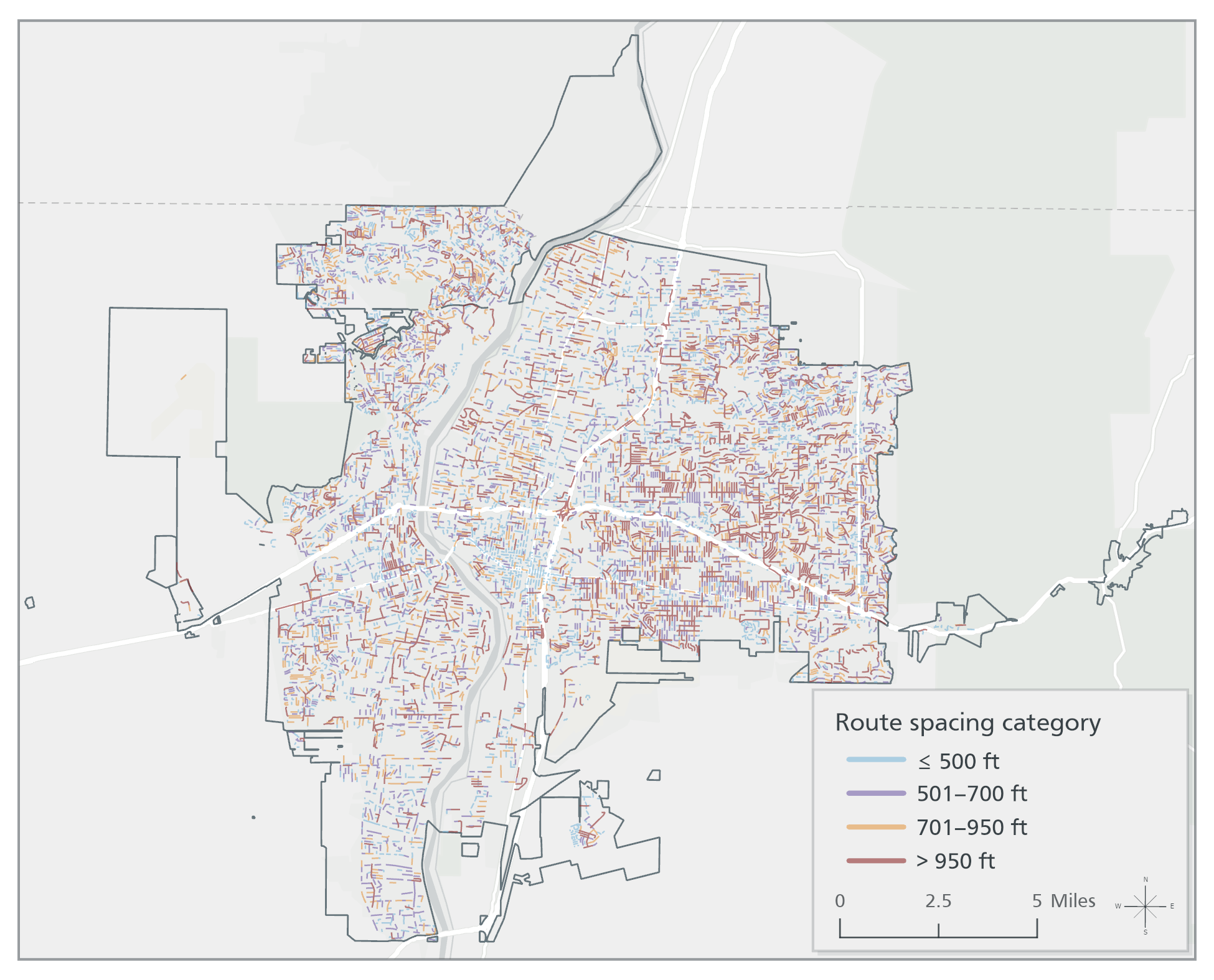 Retained nearest-neighbor routes across the Established Service Area, classified by network distance. Longer routes identify areas for screening and follow-up; they do not by themselves represent confirmed spacing deficiencies.